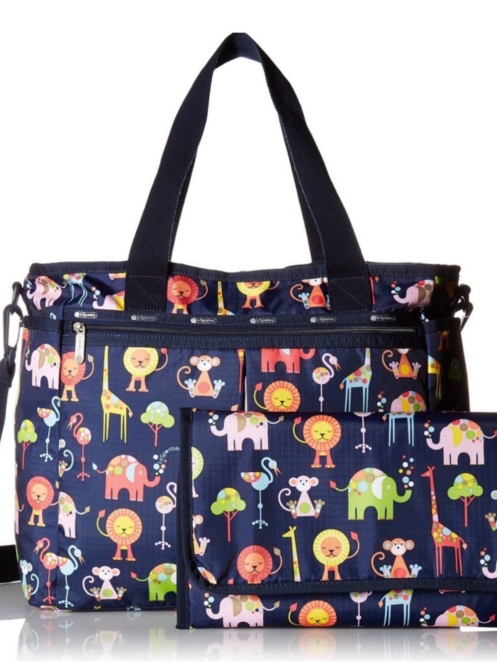 LeSportsac Ryan baby bag Zoo Cute navy animal print diaper tote w/ changing pad